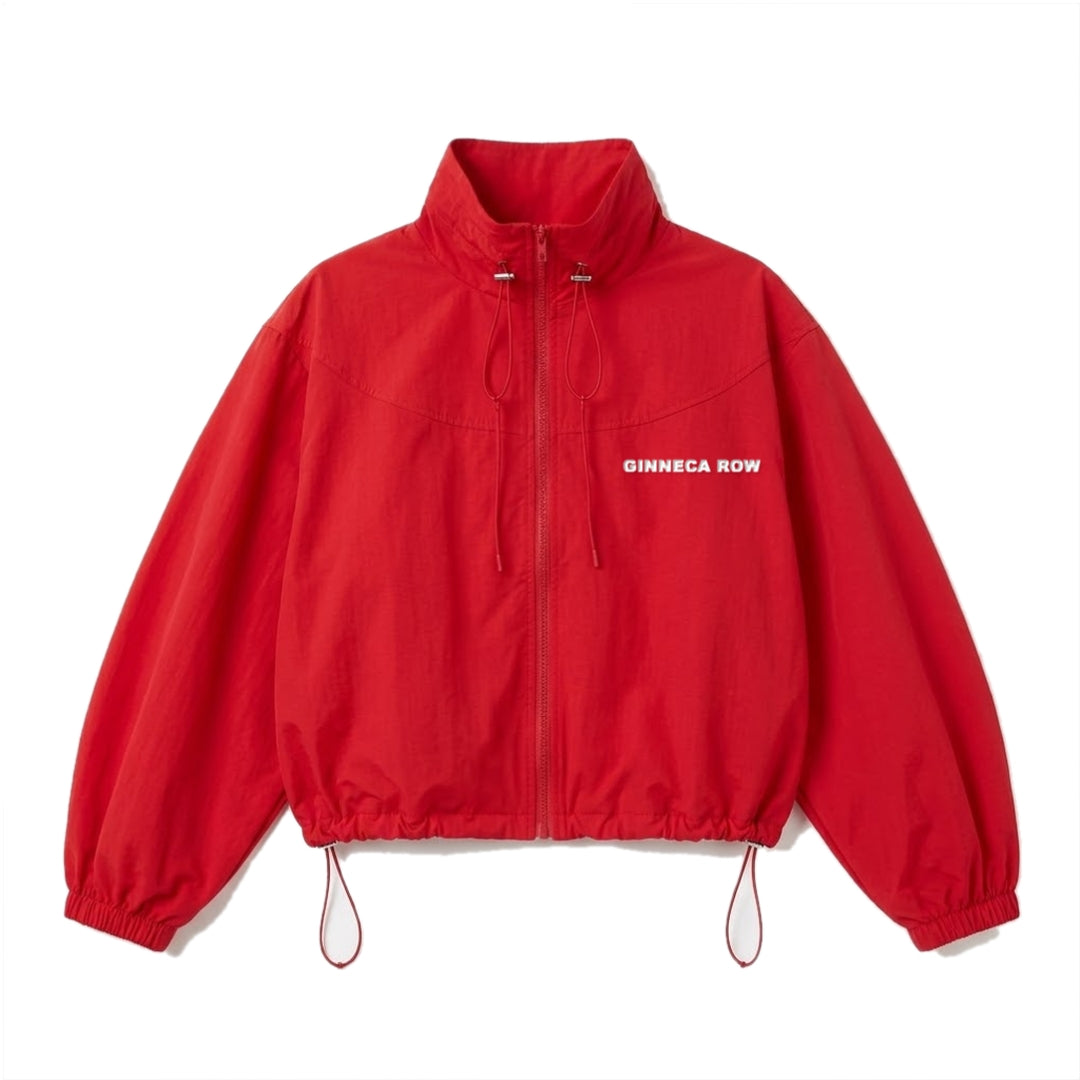 Daytona Jacket in red - cropped track jacket with a drawstring funnel neck and GINNECA ROW on the left chest
